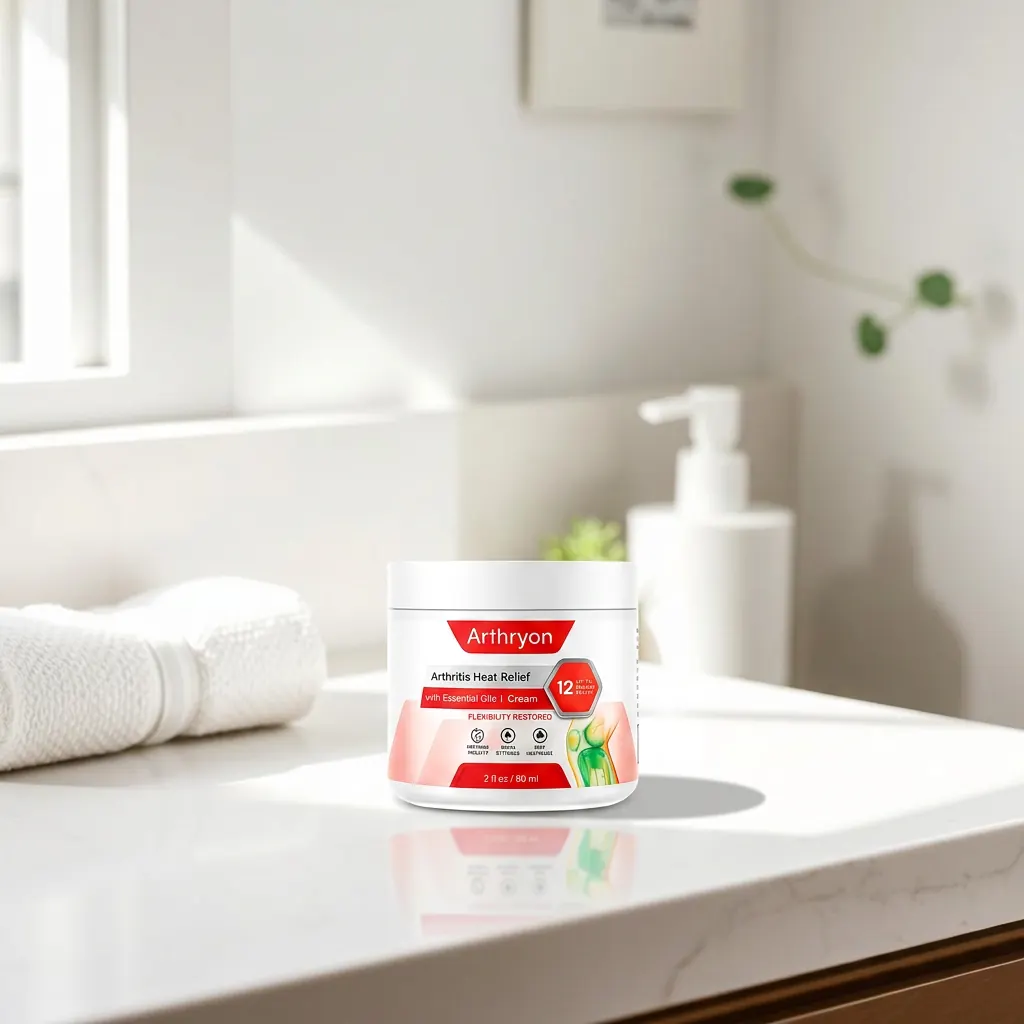 Arthryon cream jar on a bright bathroom counter next to a folded towel