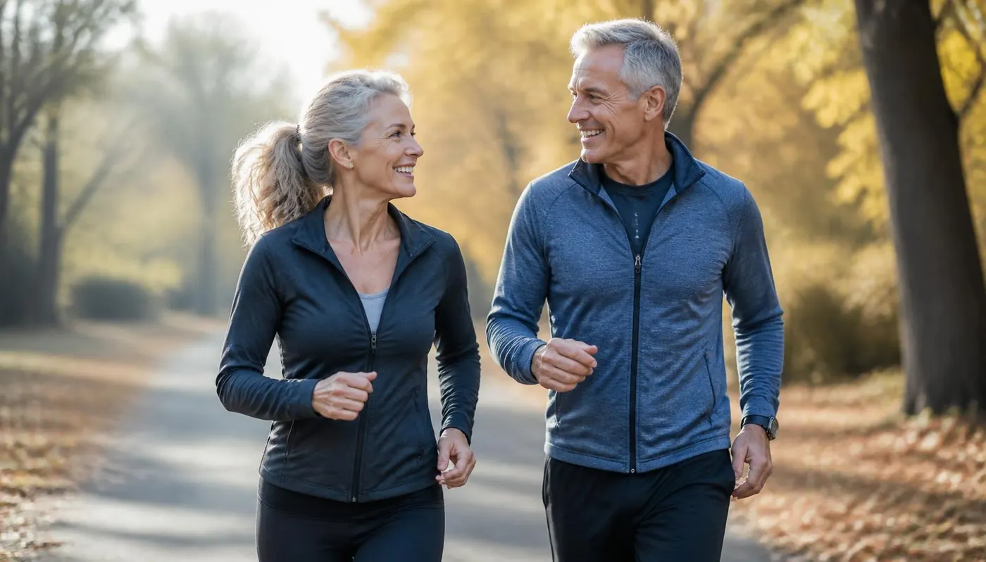 Couple in their fifties walking on a park path in the morning